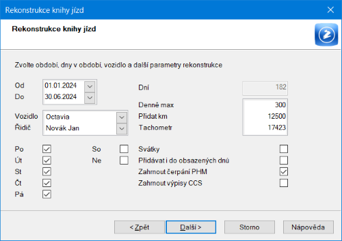 GLX: Pro rekonstrukci knihy jízd stačí zadat pravidelné jízdy s četností jejich výskytu, vozidlo, počet chybějících kilometrů a dny, do kterých mají být jízdy přidány