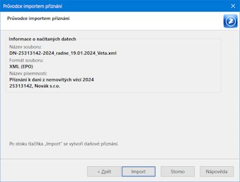 Pokud proběhne kontrola v pořádku, je možné soubor naimportovat