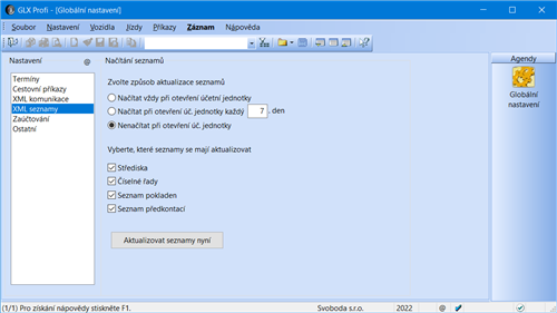 Sekce XML seznamy (pouze varianta Profi)